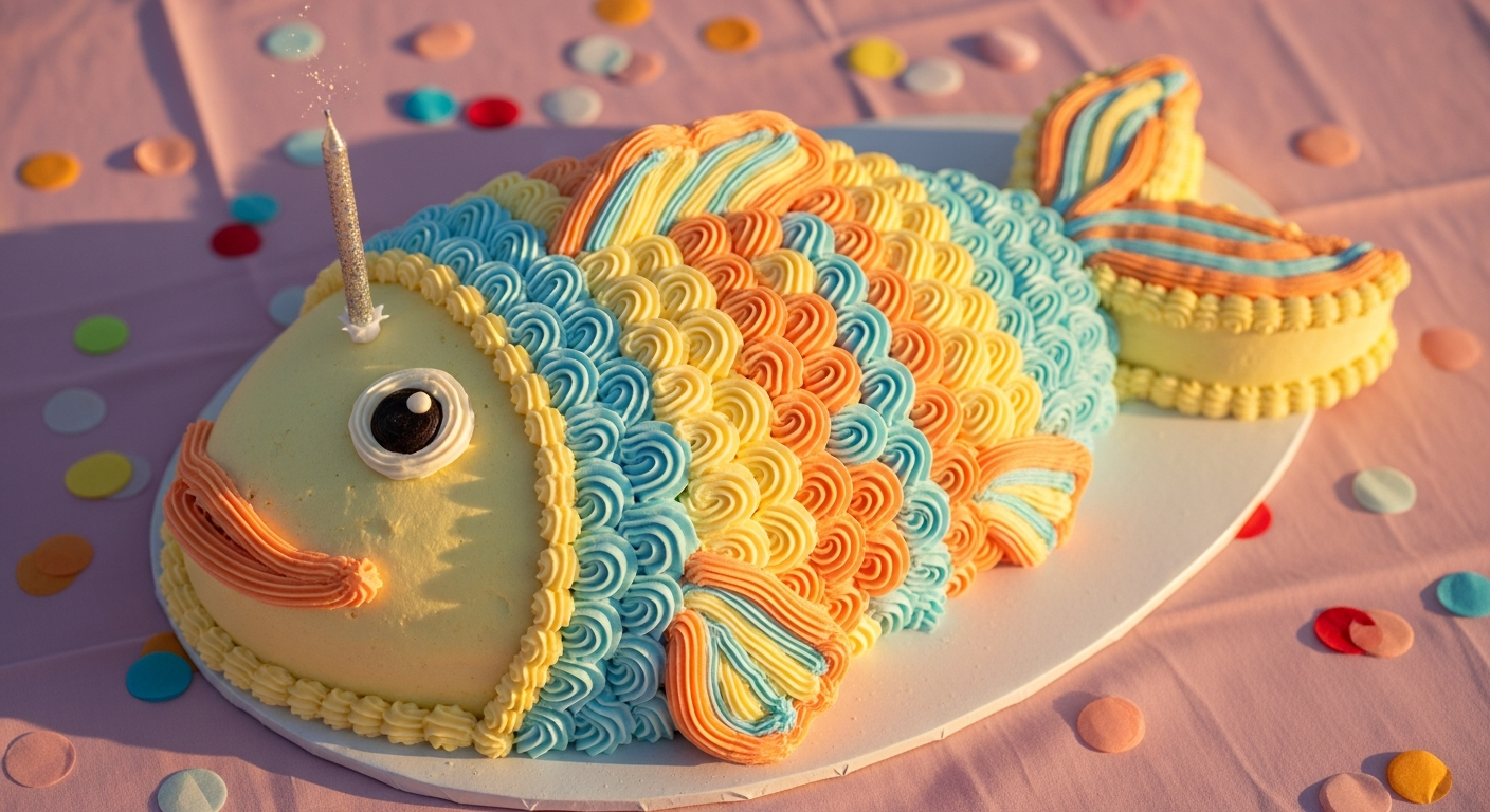 AI_IMAGE: A whimsical fish-shaped birthday cake decorated with cream frosting and a single sparkling candle, set on a pastel tablecloth with scattered confetti, warm golden-hour lighting, shallow depth of field | photorealistic | landscape