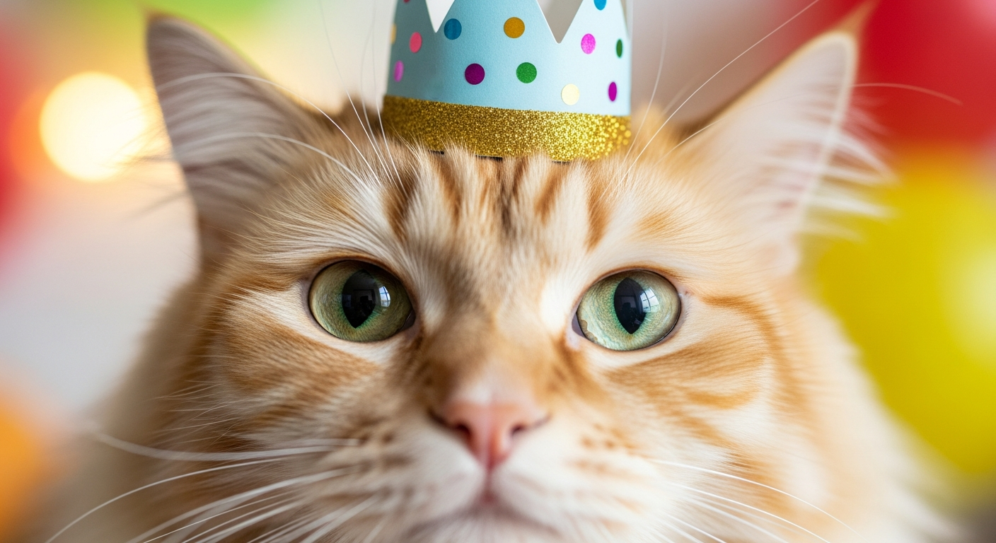 AI_IMAGE: Close-up eye-level photograph of a fluffy birthday cat wearing a tiny paper party crown. The cat fills nearly the entire viewport with its nose almost touching the lens and wide luminous eyes. Softly blurred background with warm celebratory tones. | photorealistic | landscape