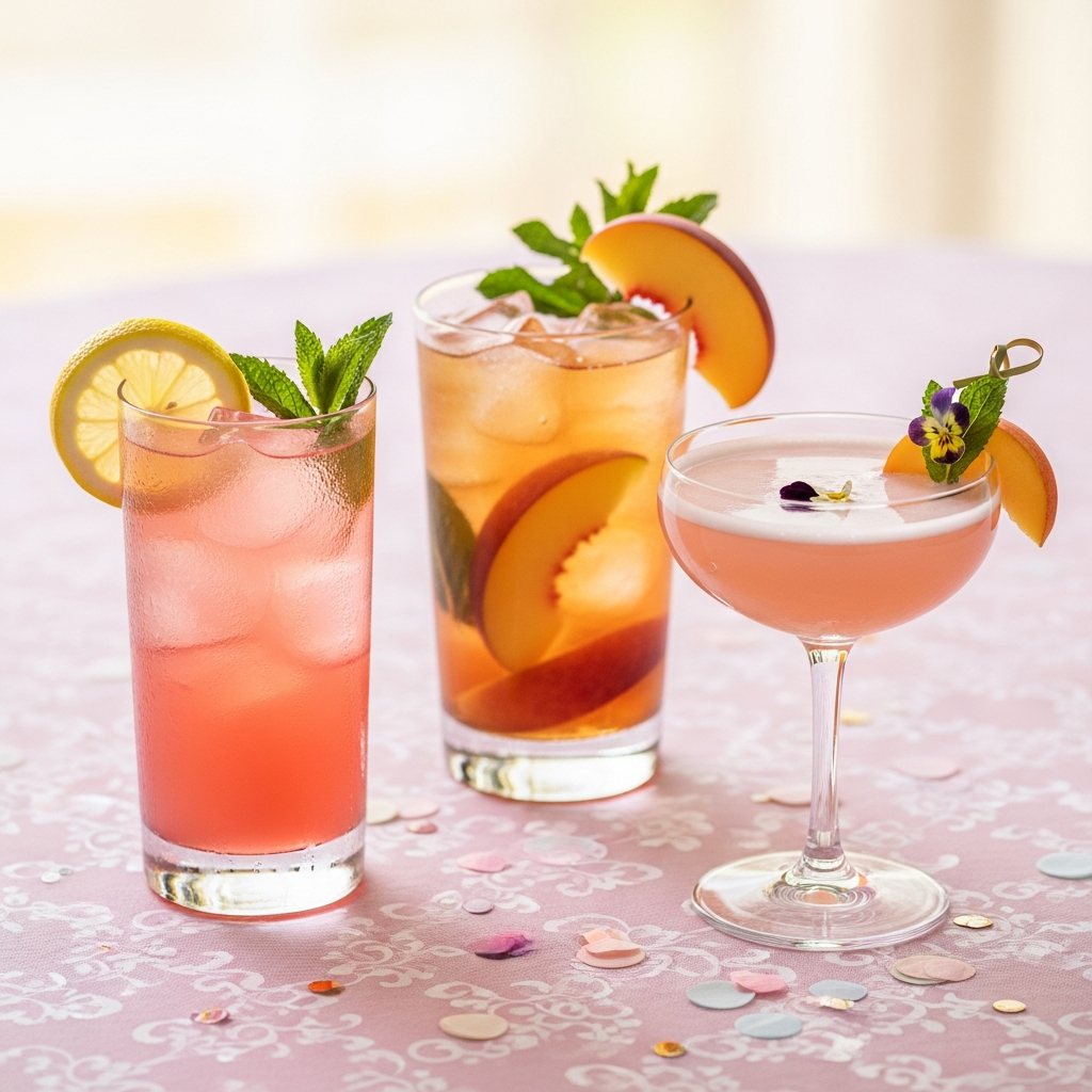 AI_IMAGE: A collection of pastel pink lemonade, iced peach tea, and a signature cocktail in elegant glasses garnished with mint leaves and peach slices, set on a pastel tablecloth with tiny confetti, soft warm lighting, beverage photography | photorealistic | square
