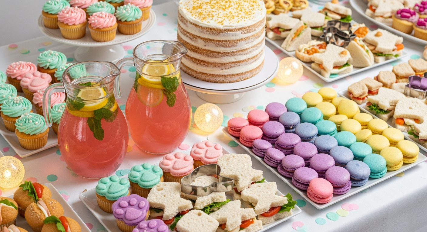 AI_IMAGE: A gorgeous pastel-themed party buffet spread for humans seen from a 45-degree angle, featuring pink lemonade in glass pitchers, paw-shaped cupcakes with pink and mint frosting, macarons in rows of pastel colors, fish-shaped finger sandwiches, and a tall vanilla layer cake with gold sprinkles, soft warm party lighting, confetti on the table | photorealistic | landscape