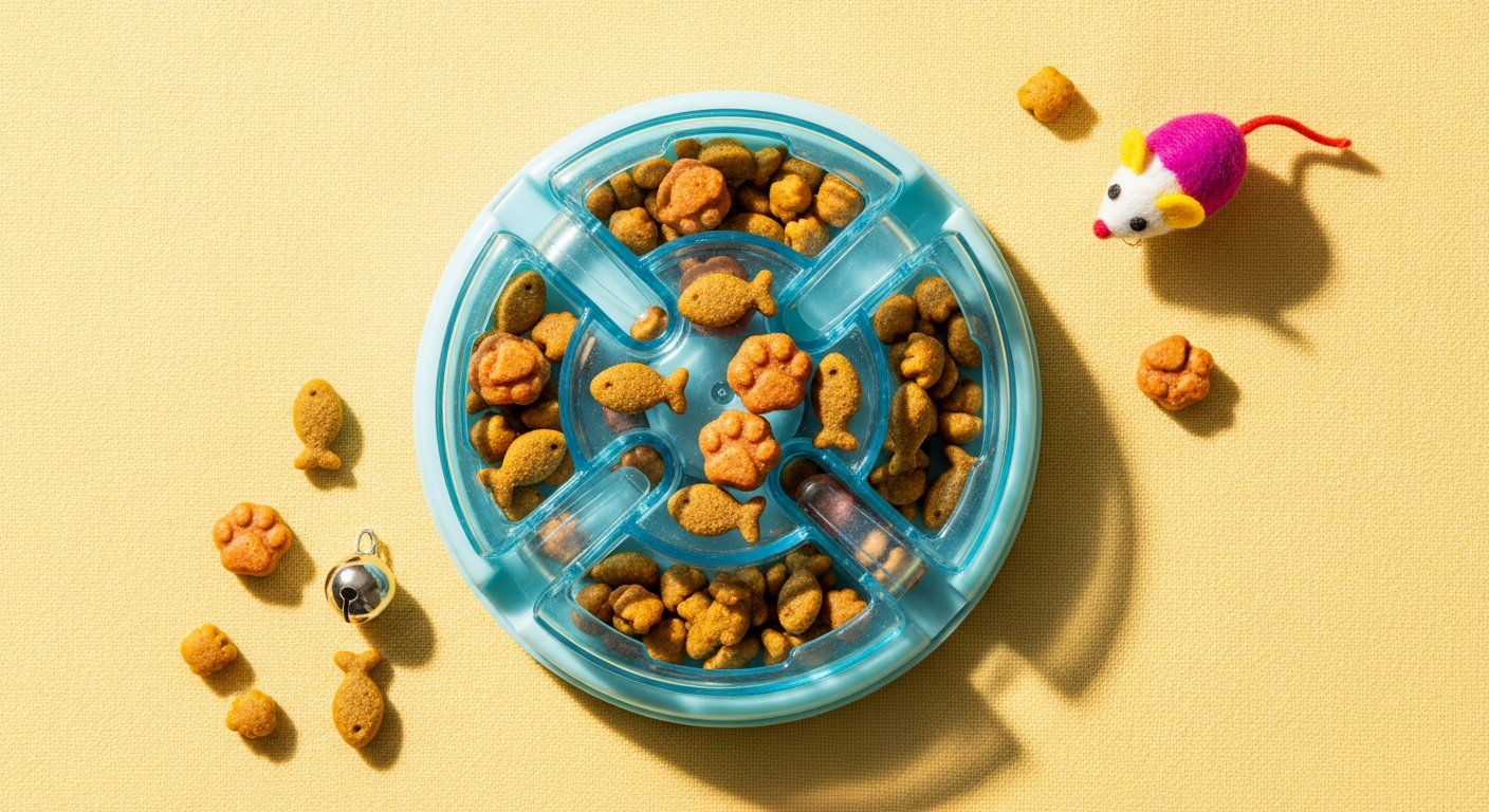 AI_IMAGE: Artisan golden chicken cat kibbles arranged in a playful interactive puzzle feeder toy, warm kitchen lighting, scattered treats on a pastel yellow tablecloth, overhead view, food photography style | photorealistic | landscape