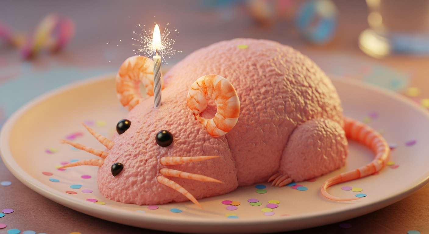 AI_IMAGE: A whimsical mouse-shaped birthday cake made of tuna pate decorated with tiny shrimp on top and a single sparkling birthday candle, set on a pastel peach plate with confetti around, warm celebratory lighting, food photography | photorealistic | landscape