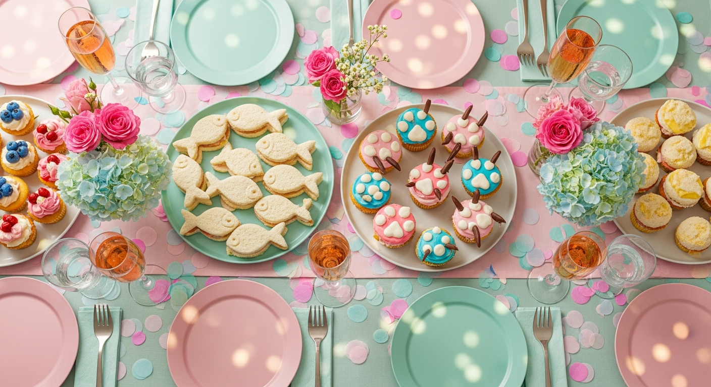 AI_IMAGE: A beautifully decorated party table seen from above with pastel tablecloth, colorful cupcakes shaped like cat paws, tiny sandwiches in fish shapes, confetti scattered everywhere, champagne glasses, and small bouquets of pink and mint flowers, warm festive lighting, food photography | photorealistic | landscape