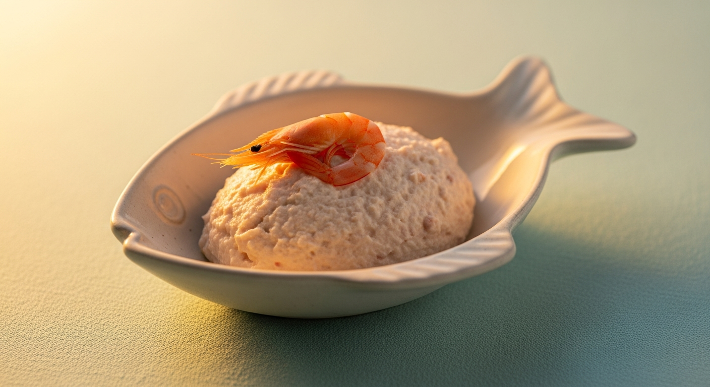 AI_IMAGE: An elegant tuna mousse for cats served in a small handmade ceramic bowl shaped like a fish, creamy pale pink mousse with a tiny shrimp garnish, soft pastel mint tablecloth, warm golden light | photorealistic | landscape