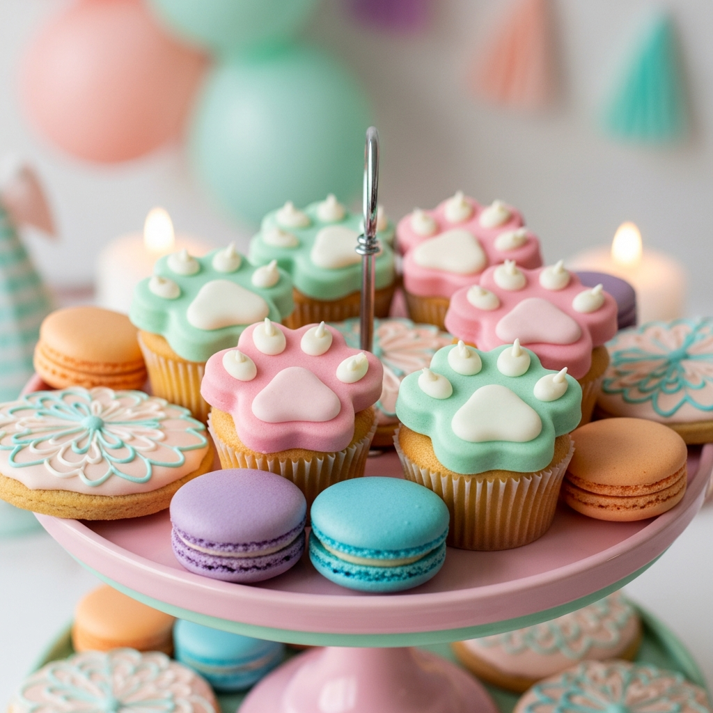 AI_IMAGE: Adorable cat-paw-shaped cupcakes with pink and mint frosting arranged on a tiered pastel cake stand, alongside colorful macarons and giant cookies, soft bakery lighting, party decorations in background, dessert photography | photorealistic | square