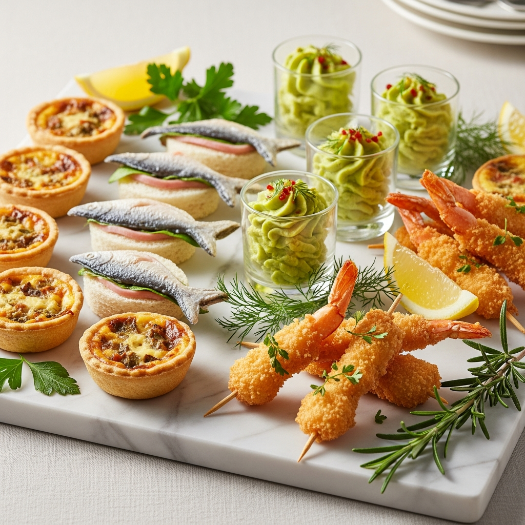 AI_IMAGE: Elegant savory party finger food arranged on a marble board: mini quiches, fish-shaped finger sandwiches, avocado mousse verrines, and golden shrimp skewers, garnished with fresh herbs, soft warm lighting, food photography | photorealistic | square