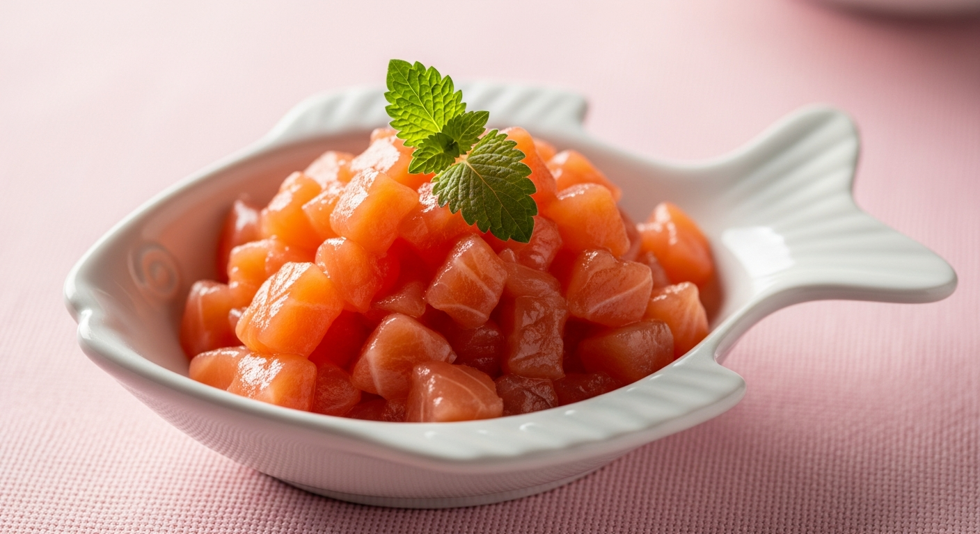 AI_IMAGE: A beautifully plated salmon tartare for cats, tiny cubes of fresh pink salmon arranged in a small ceramic fish-shaped bowl, garnished with a sprig of catnip, soft warm lighting on a pastel pink tablecloth | photorealistic | landscape