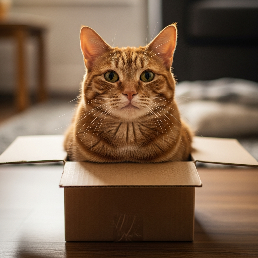 AI_IMAGE: A curious tabby cat sitting inside a small cardboard box that is clearly too small, looking perfectly content and proud, soft indoor lighting, warm tones | photorealistic | square