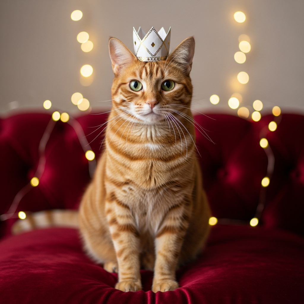 AI_IMAGE: A regal tabby cat wearing a small decorative paper crown, sitting on a plush velvet cushion, looking directly at the camera with dignified expression, soft bokeh background with fairy lights | photorealistic | square