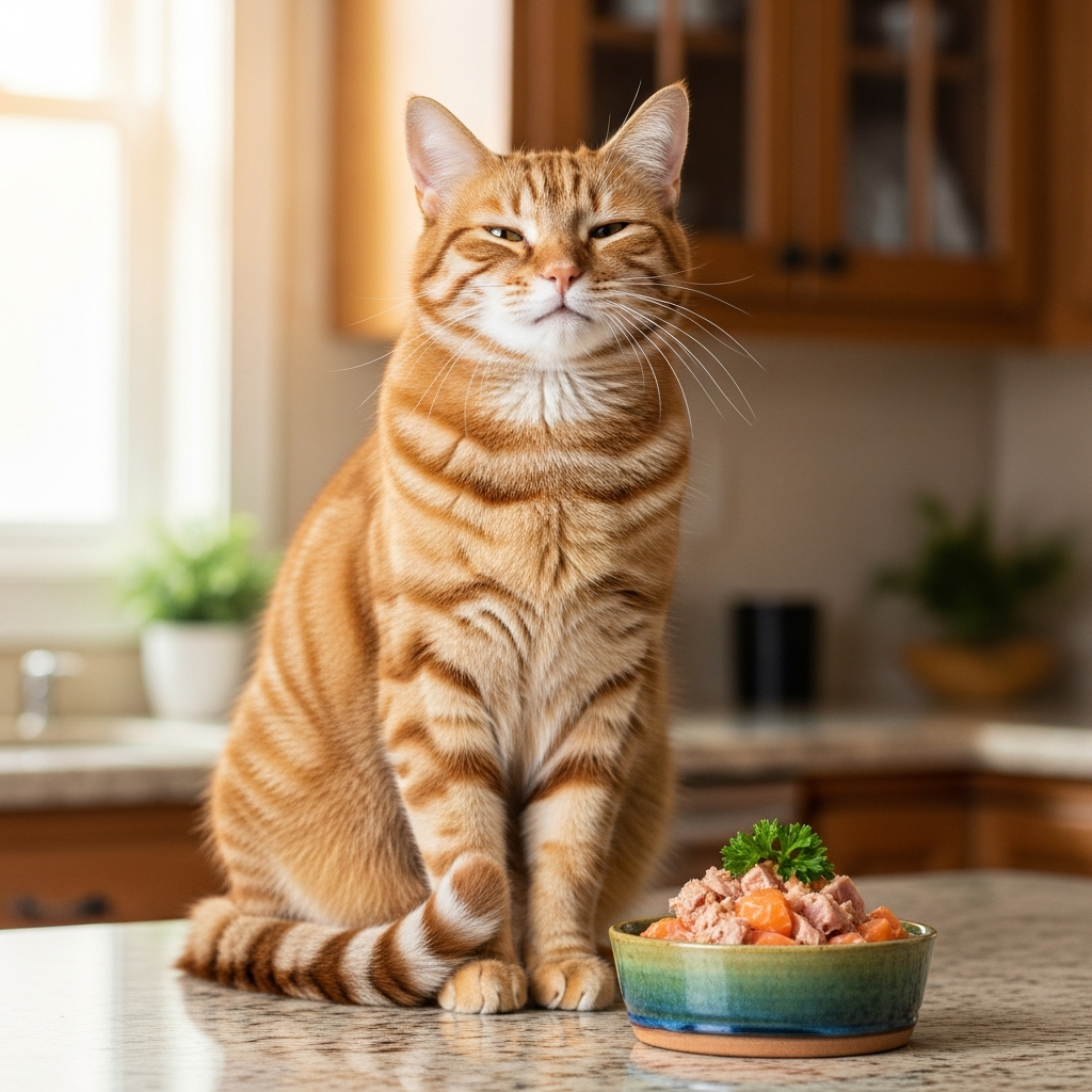 AI_IMAGE: A contented tabby cat sitting elegantly in front of a small ceramic bowl filled with gourmet cat food, looking pleased and regal, warm kitchen lighting | photorealistic | square