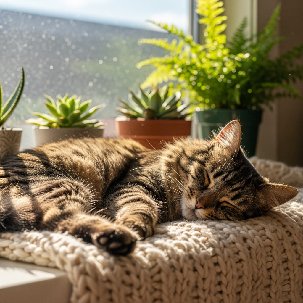 AI_IMAGE: A fluffy tabby cat sleeping peacefully on a sunny windowsill with a soft knitted blanket, warm afternoon light streaming in, cozy indoor atmosphere with plants in the background | photorealistic | square