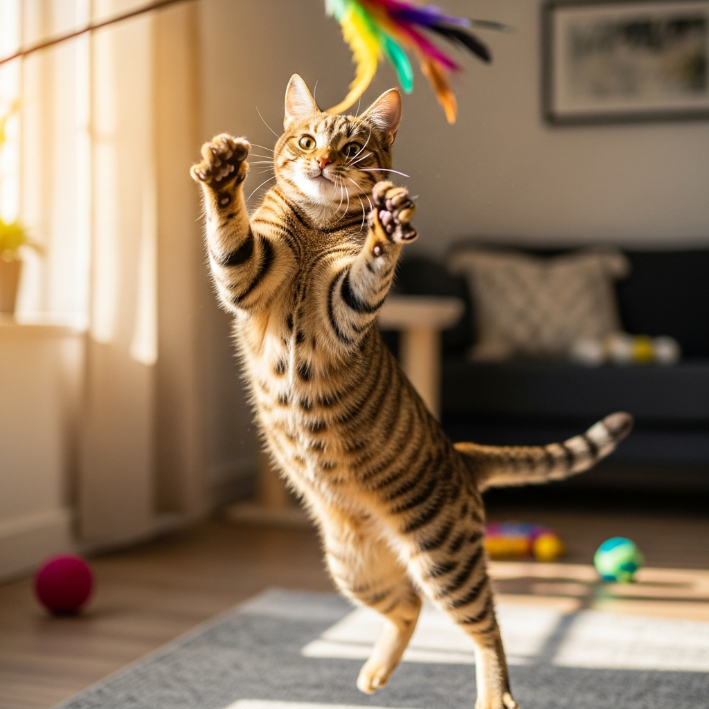AI_IMAGE: A playful tabby cat mid-jump trying to catch a feather toy, paws outstretched, action shot with slight motion blur, bright playful indoor setting | photorealistic | square
