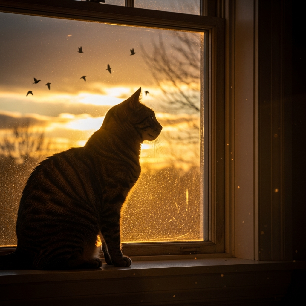 AI_IMAGE: A majestic tabby cat looking out of a large window at birds, silhouetted against a golden sunset, dramatic lighting, contemplative mood | photorealistic | square