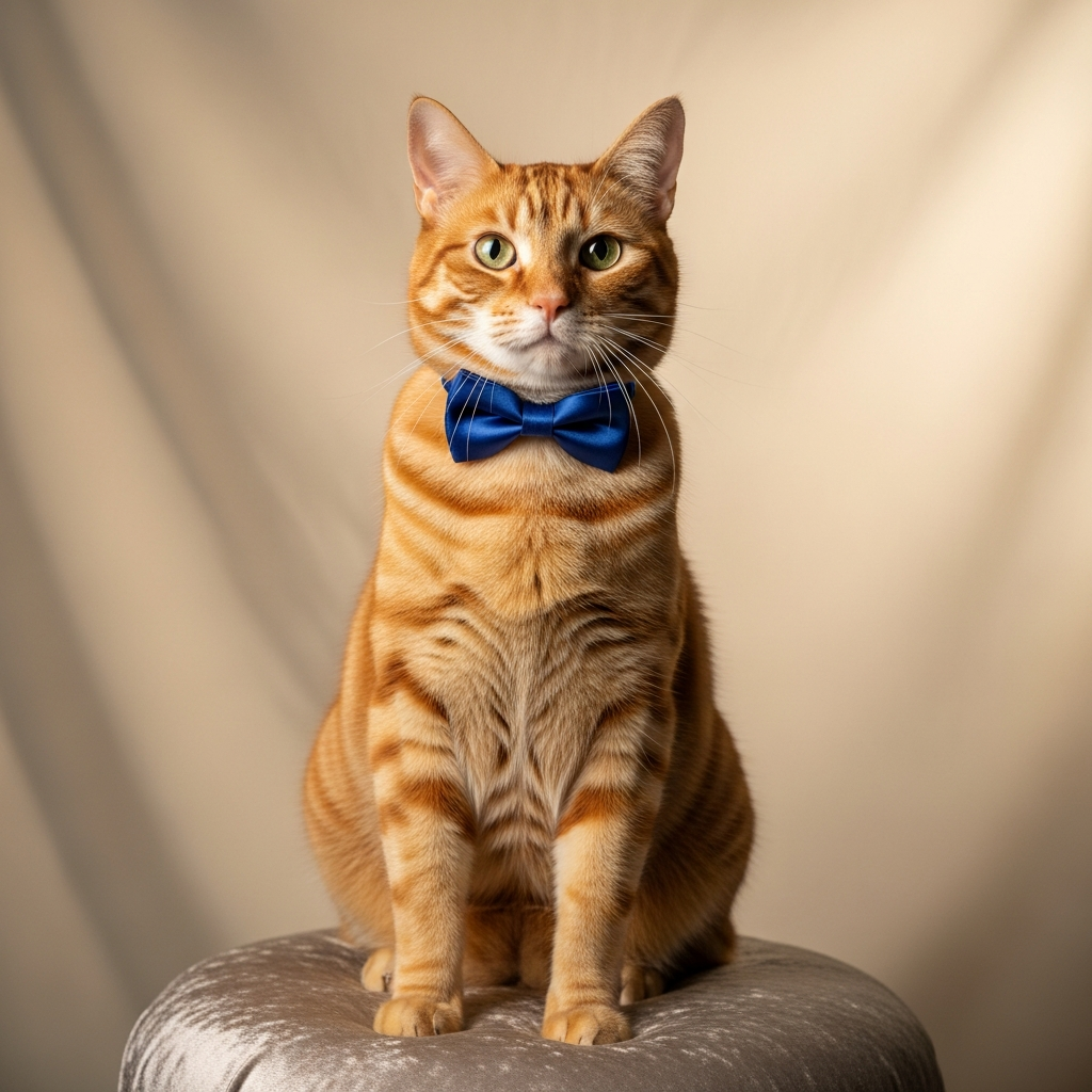 AI_IMAGE: A regal orange tabby cat sitting upright wearing a tiny bow tie, soft studio lighting, cream background, elegant pet portrait style | photorealistic | square