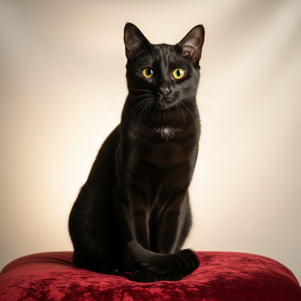 AI_IMAGE: A sleek black cat with golden eyes sitting confidently on a velvet cushion, soft studio lighting, cream background, elegant pet portrait style | photorealistic | square