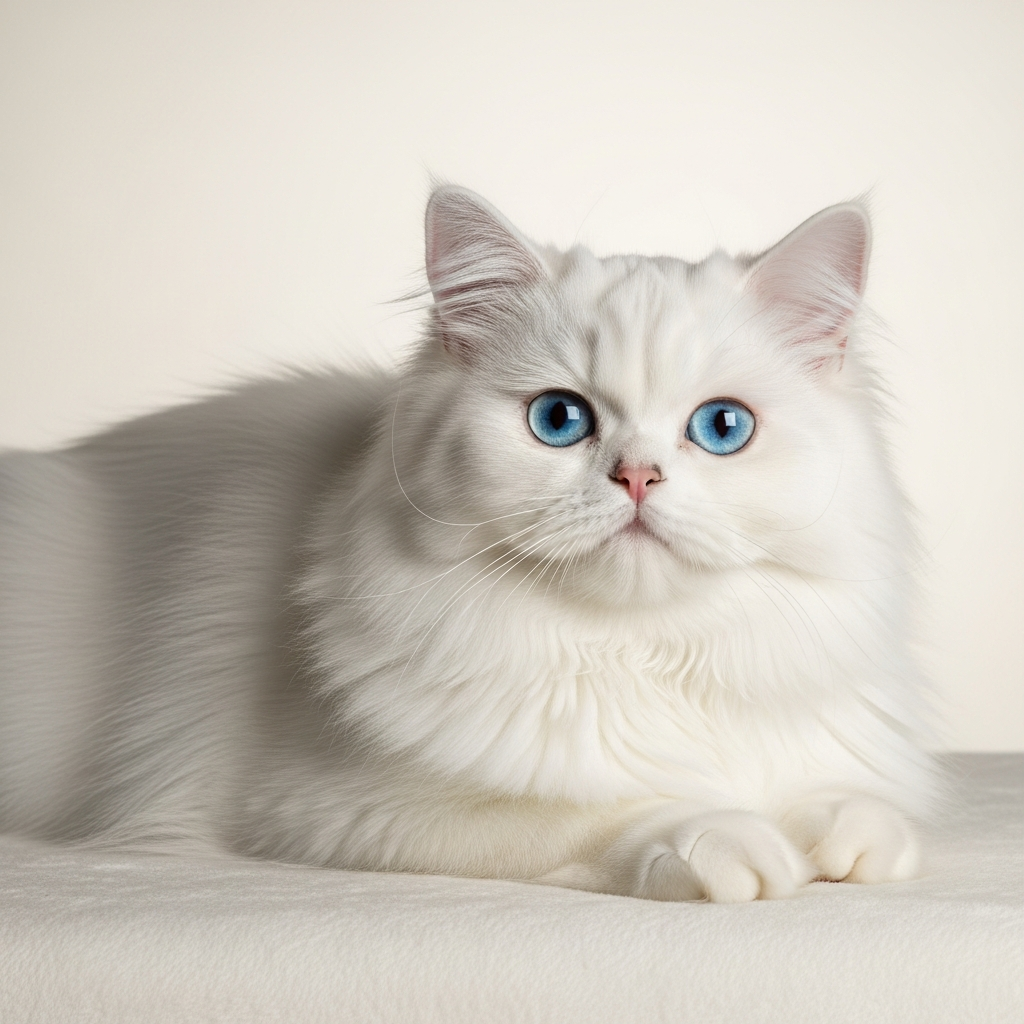AI_IMAGE: A fluffy white Persian cat with bright blue eyes lounging gracefully, soft studio lighting, cream background, elegant pet portrait style | photorealistic | square