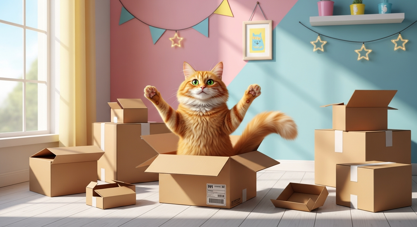 AI_IMAGE: An adorable cat sitting proudly inside a small cardboard box that is way too small for it, looking triumphant and determined, several other empty cardboard boxes of various sizes scattered around, bright cheerful room with pastel decorations | photorealistic | landscape