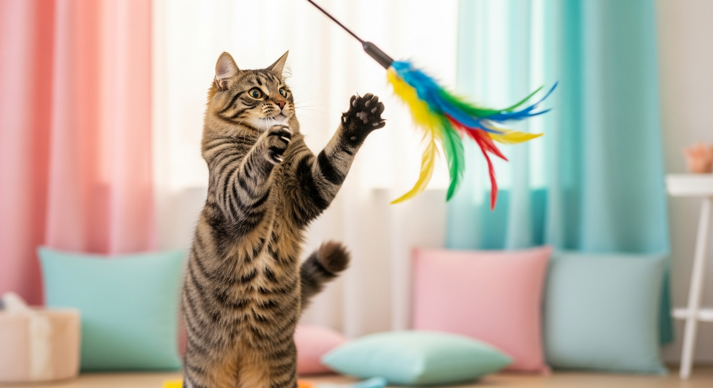 AI_IMAGE: A fluffy tabby cat leaping mid-air trying to catch a large colorful feather wand toy, action shot with slight motion blur on paws, bright playful indoor room with pastel decorations, dynamic pet photography | photorealistic | landscape