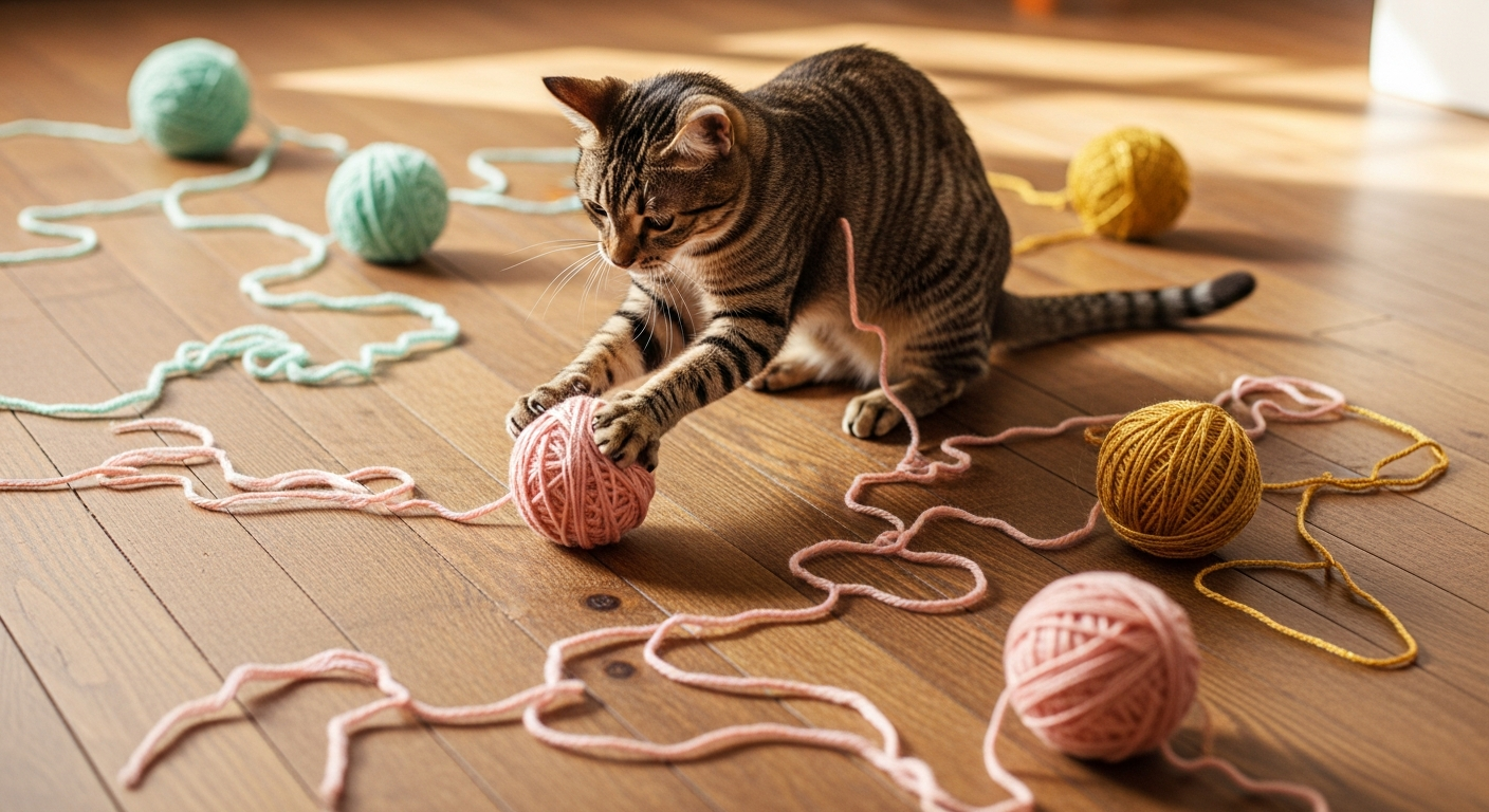AI_IMAGE: Colorful yarn balls in pink, mint green, gold, and peach scattered across a wooden floor with a playful cat batting one with its paw, wool trails everywhere creating beautiful chaos, warm bright indoor lighting | photorealistic | landscape