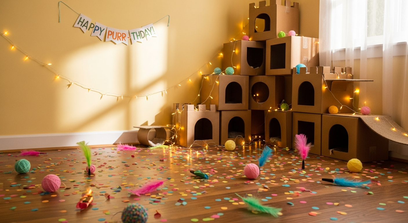 AI_IMAGE: A bright colorful room decorated for a cat birthday party with scattered feather toys, yarn balls in pastel colors, cardboard boxes of various sizes arranged like a castle, fairy lights, and confetti on the floor, warm playful atmosphere, interior photography | photorealistic | landscape