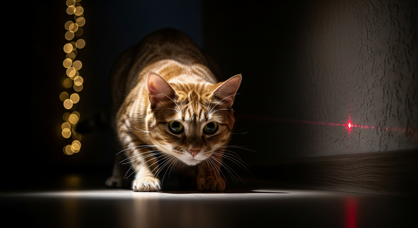AI_IMAGE: A dramatic low-angle shot of a cat intensely focused on a red laser dot on the wall, eyes wide and dilated, crouching position ready to pounce, dark room with dramatic spotlighting and party fairy lights in the background, cinematic pet photography | photorealistic | landscape